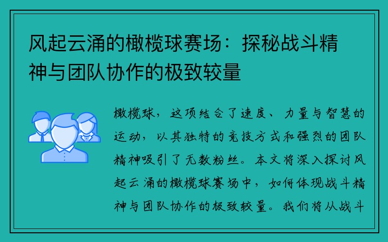 风起云涌的橄榄球赛场：探秘战斗精神与团队协作的极致较量